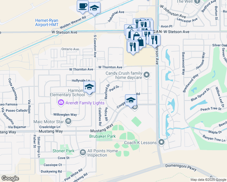 map of restaurants, bars, coffee shops, grocery stores, and more near 4019 Paul Drive in Hemet