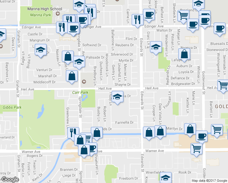 map of restaurants, bars, coffee shops, grocery stores, and more near 6262 Heil Avenue in Huntington Beach