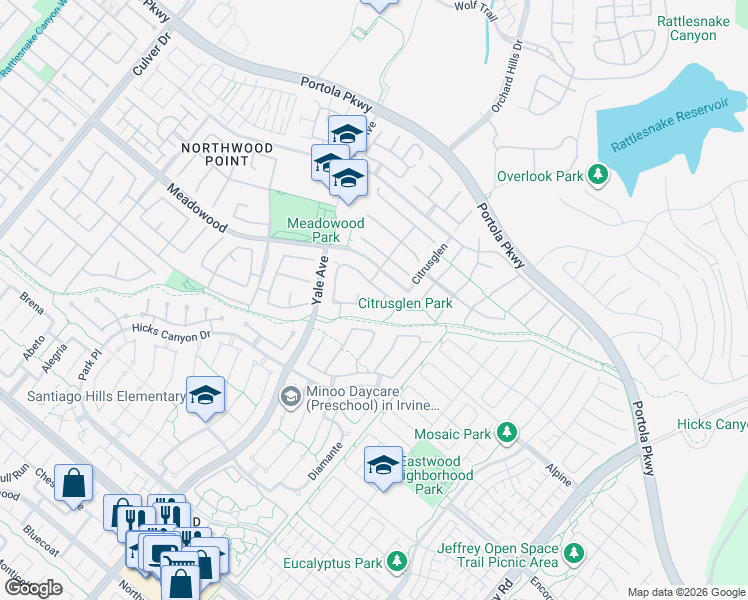 map of restaurants, bars, coffee shops, grocery stores, and more near 77 New Dawn in Irvine