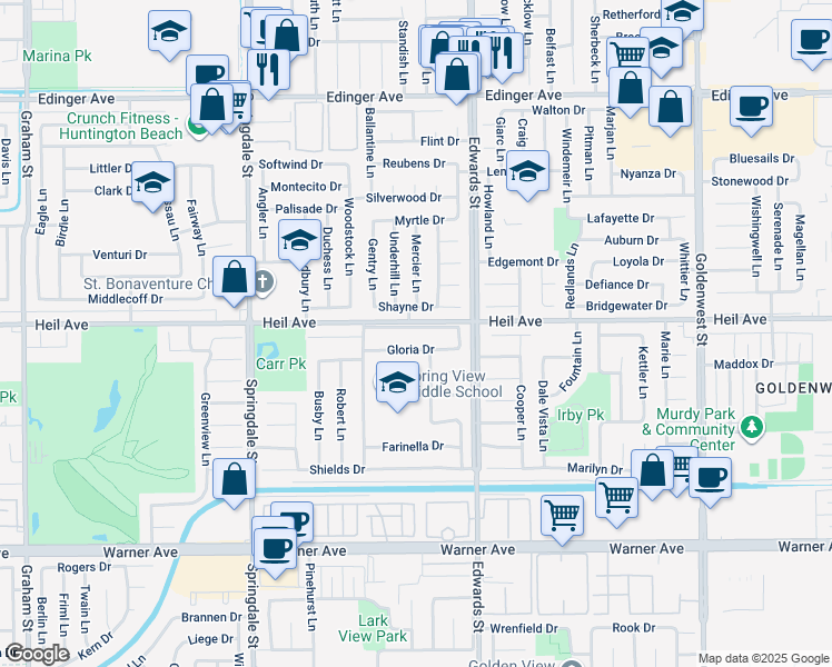 map of restaurants, bars, coffee shops, grocery stores, and more near 6392 Shayne Drive in Huntington Beach