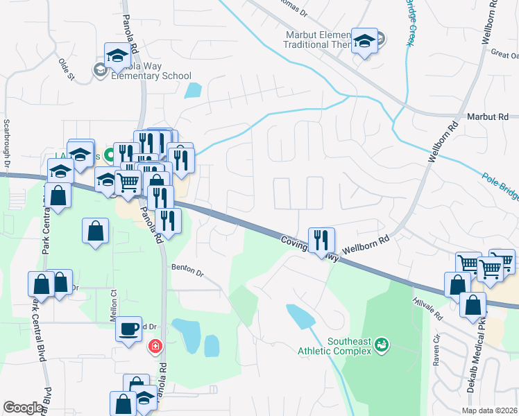 map of restaurants, bars, coffee shops, grocery stores, and more near 5647 Strathmoor Manor Circle in Lithonia