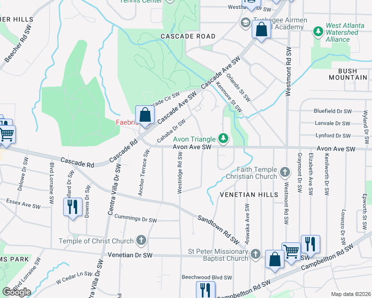 map of restaurants, bars, coffee shops, grocery stores, and more near 1819 Avon Avenue Southwest in Atlanta