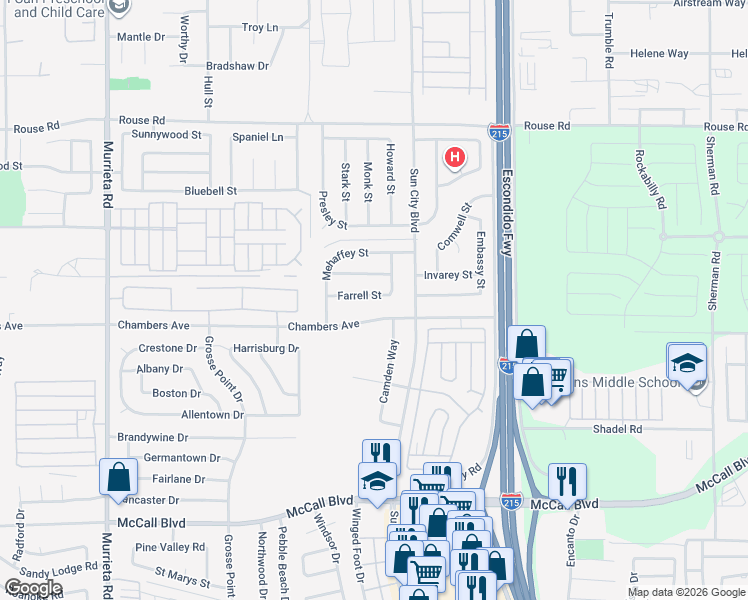 map of restaurants, bars, coffee shops, grocery stores, and more near 26605 Farrell Street in Menifee