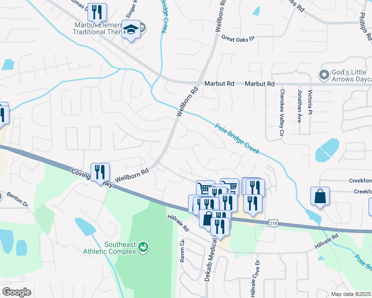 map of restaurants, bars, coffee shops, grocery stores, and more near 5889 Old Wellborn Trce in Lithonia