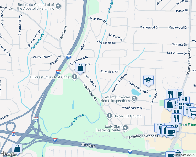 map of restaurants, bars, coffee shops, grocery stores, and more near 3929 Emerald Springs Court in Decatur