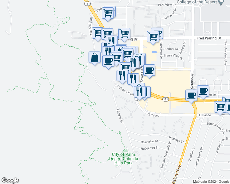 map of restaurants, bars, coffee shops, grocery stores, and more near 72231 El Paseo in Palm Desert