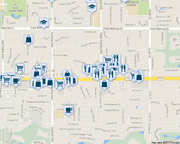 map of restaurants, bars, coffee shops, grocery stores, and more near 74390 Alessandro Drive in Palm Desert