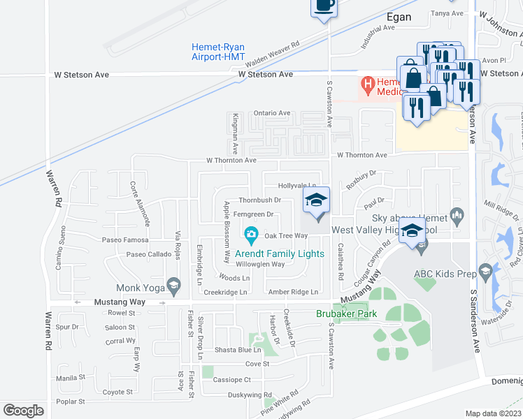 map of restaurants, bars, coffee shops, grocery stores, and more near 4530 Ferngreen Drive in Hemet