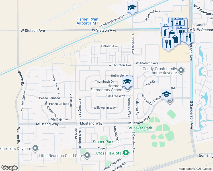 map of restaurants, bars, coffee shops, grocery stores, and more near 4510 Ferngreen Drive in Hemet