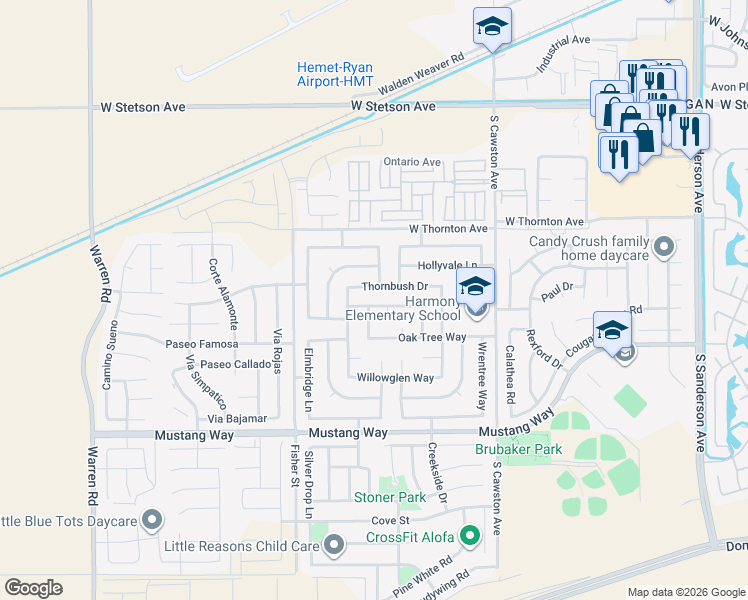 map of restaurants, bars, coffee shops, grocery stores, and more near 4630 Ferngreen Drive in Hemet