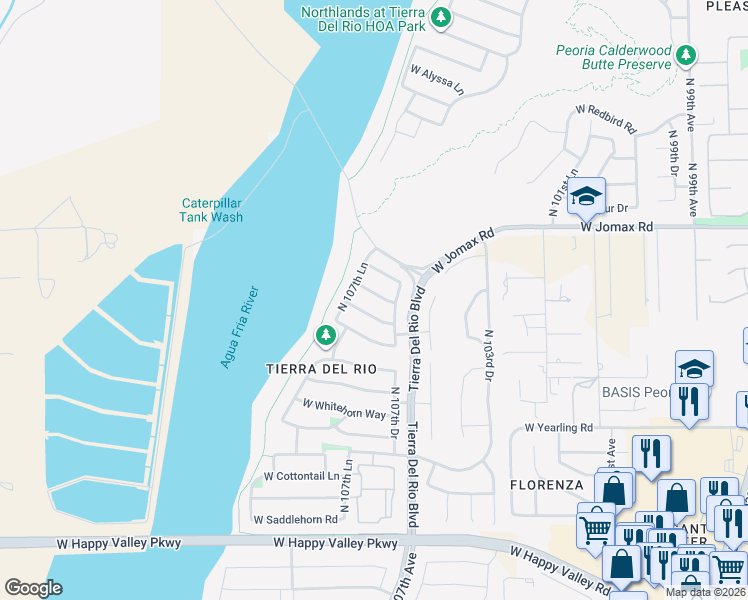 map of restaurants, bars, coffee shops, grocery stores, and more near 10752 West Desert Elm Lane in Peoria