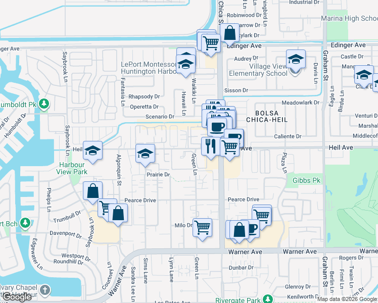 map of restaurants, bars, coffee shops, grocery stores, and more near Cabana Drive in Huntington Beach