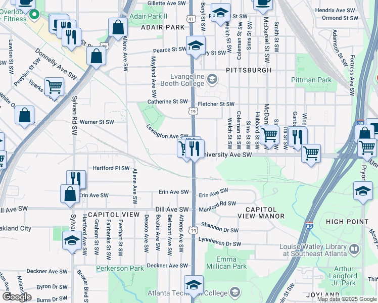 map of restaurants, bars, coffee shops, grocery stores, and more near 1191 Metropolitan Parkway Southwest in Atlanta
