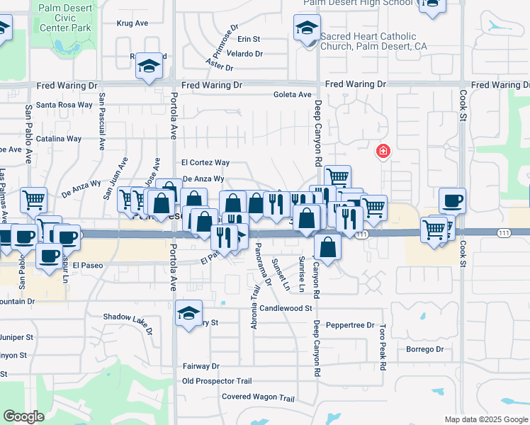 map of restaurants, bars, coffee shops, grocery stores, and more near 44821 Santa Ynez Avenue in Palm Desert