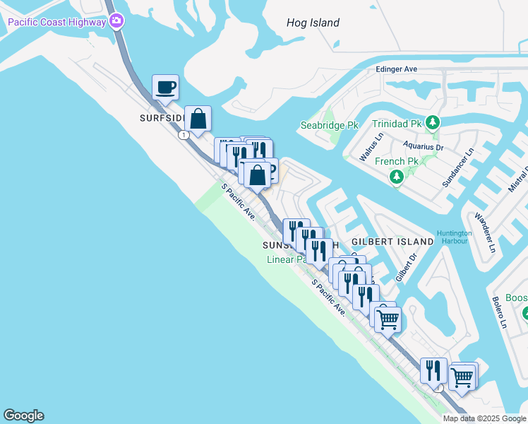 map of restaurants, bars, coffee shops, grocery stores, and more near 16512 23rd Street in Huntington Beach