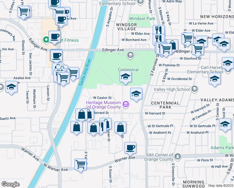 map of restaurants, bars, coffee shops, grocery stores, and more near 1909 South Susan Street in Santa Ana