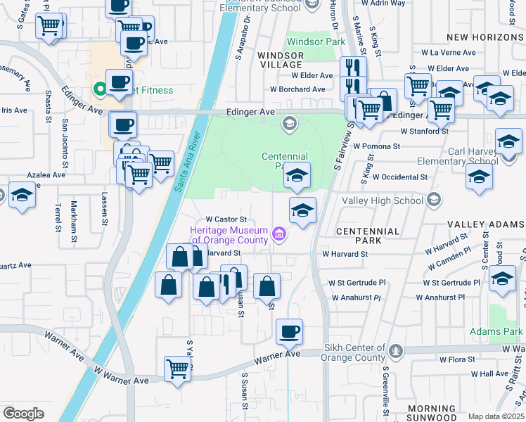 map of restaurants, bars, coffee shops, grocery stores, and more near 1909 South Susan Street in Santa Ana