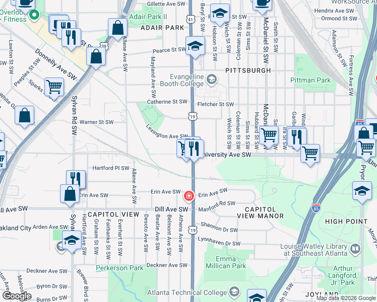 map of restaurants, bars, coffee shops, grocery stores, and more near 1191 Metropolitan Parkway Southwest in Atlanta