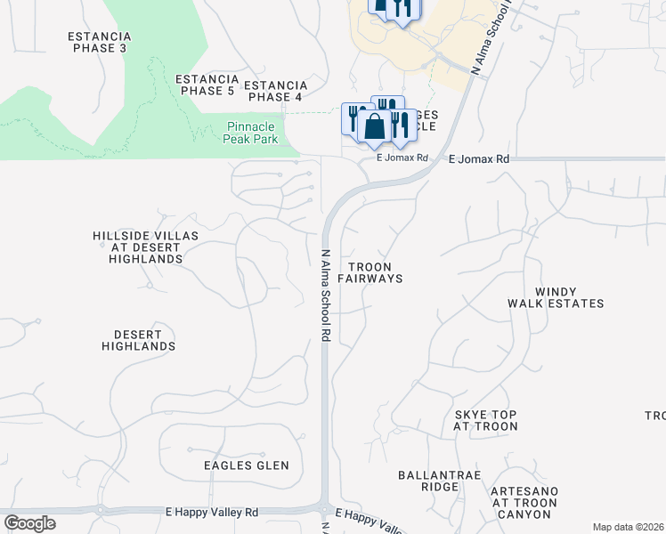 map of restaurants, bars, coffee shops, grocery stores, and more near 26202 North 104th Place in Scottsdale