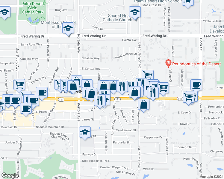 map of restaurants, bars, coffee shops, grocery stores, and more near 44821 Santa Ynez Avenue in Palm Desert