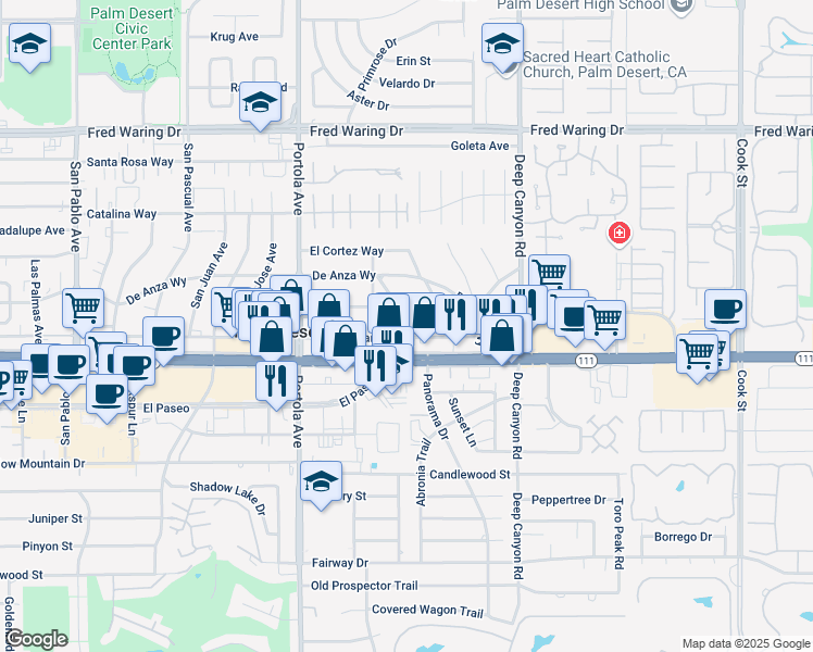 map of restaurants, bars, coffee shops, grocery stores, and more near 44781 Santa Anita Avenue in Palm Desert
