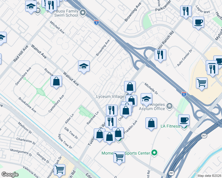 map of restaurants, bars, coffee shops, grocery stores, and more near 14252 Morning Glory Road in Tustin