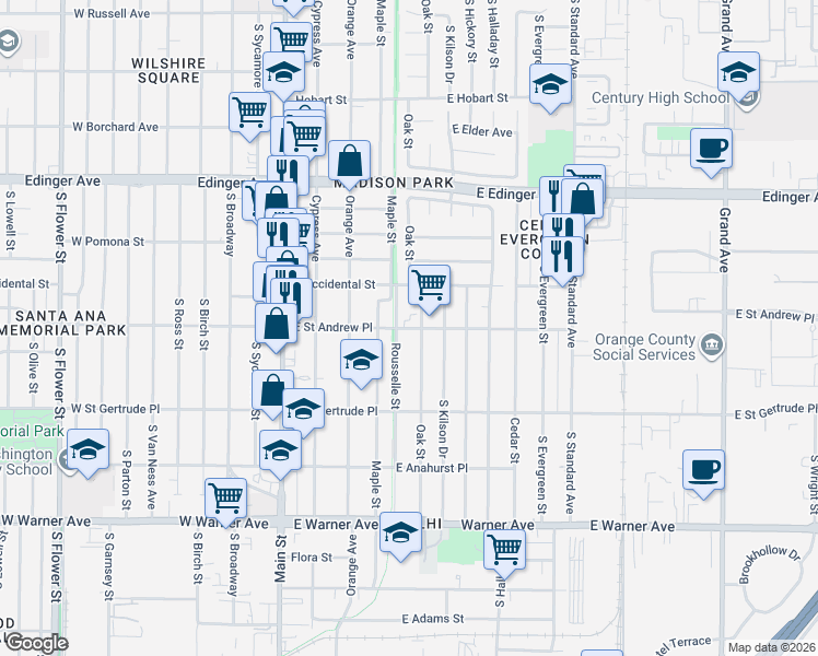 map of restaurants, bars, coffee shops, grocery stores, and more near 1912 Oak Street in Santa Ana