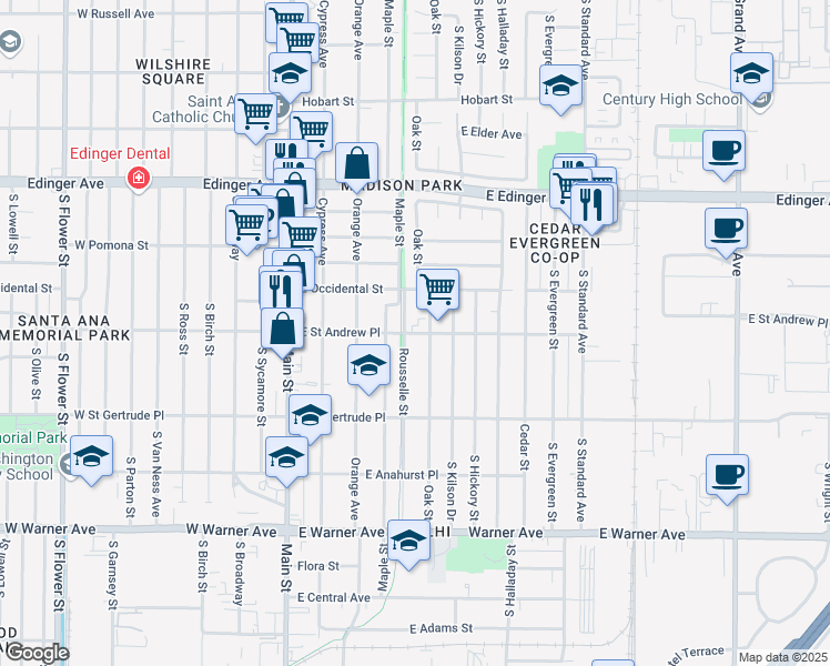 map of restaurants, bars, coffee shops, grocery stores, and more near 1912 Oak Street in Santa Ana