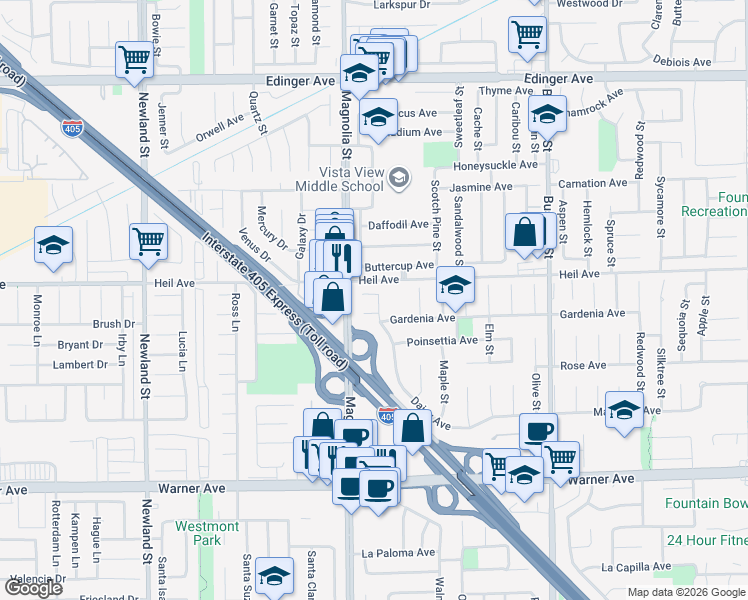 map of restaurants, bars, coffee shops, grocery stores, and more near 9077 Maza Circle in Fountain Valley