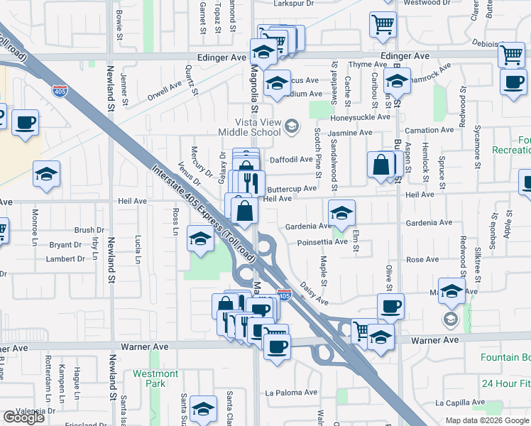 map of restaurants, bars, coffee shops, grocery stores, and more near 16501 Magnolia Street in Westminster