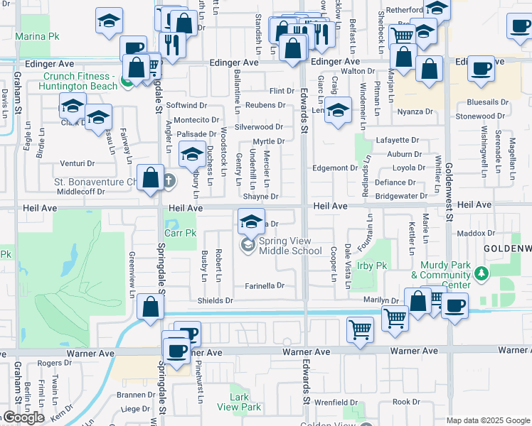 map of restaurants, bars, coffee shops, grocery stores, and more near 6392 Shayne Drive in Huntington Beach