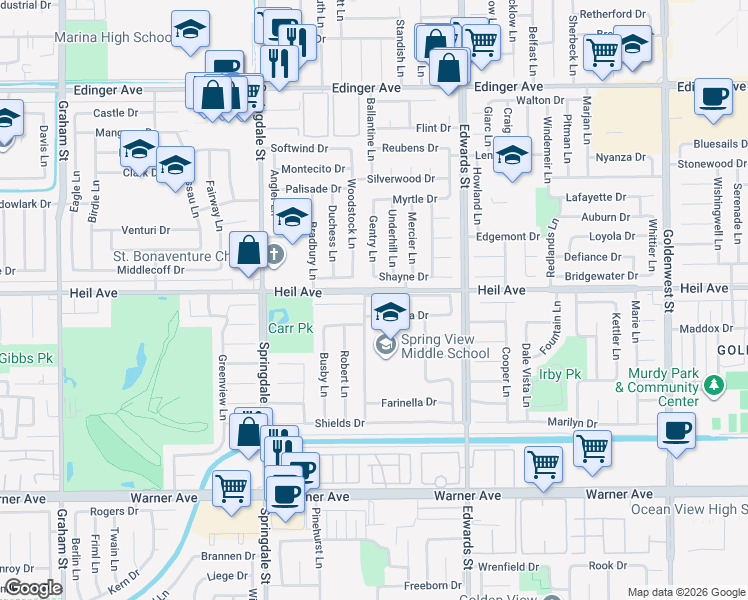 map of restaurants, bars, coffee shops, grocery stores, and more near 6222 Christy Drive in Huntington Beach