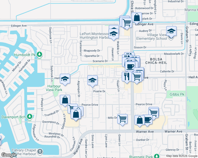 map of restaurants, bars, coffee shops, grocery stores, and more near 16456 La Villa Lane in Huntington Beach