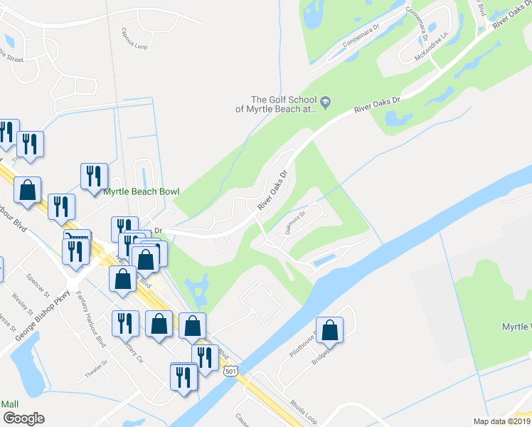map of restaurants, bars, coffee shops, grocery stores, and more near 549 River Oaks Drive in Myrtle Beach