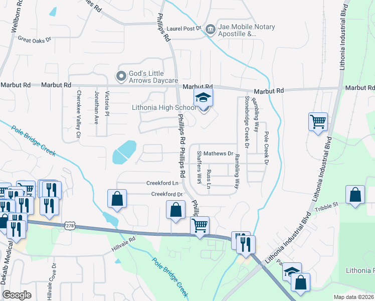 map of restaurants, bars, coffee shops, grocery stores, and more near 2331 Rambling Way in Lithonia