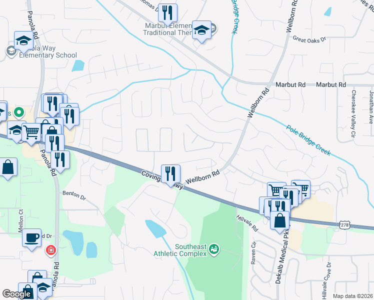 map of restaurants, bars, coffee shops, grocery stores, and more near 5604 Windfall Lane in Lithonia