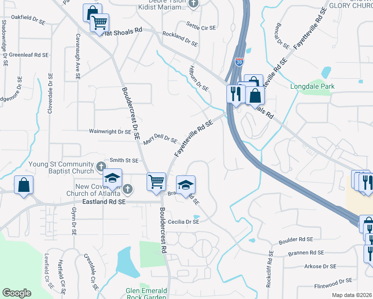 map of restaurants, bars, coffee shops, grocery stores, and more near 1162 Fayetteville Road Southeast in Atlanta