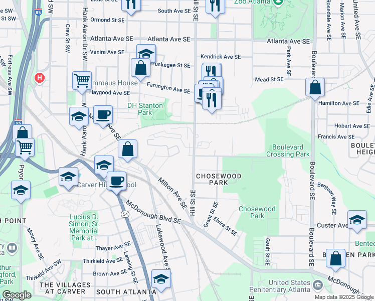 map of restaurants, bars, coffee shops, grocery stores, and more near 1155 Hill Street Southeast in Atlanta