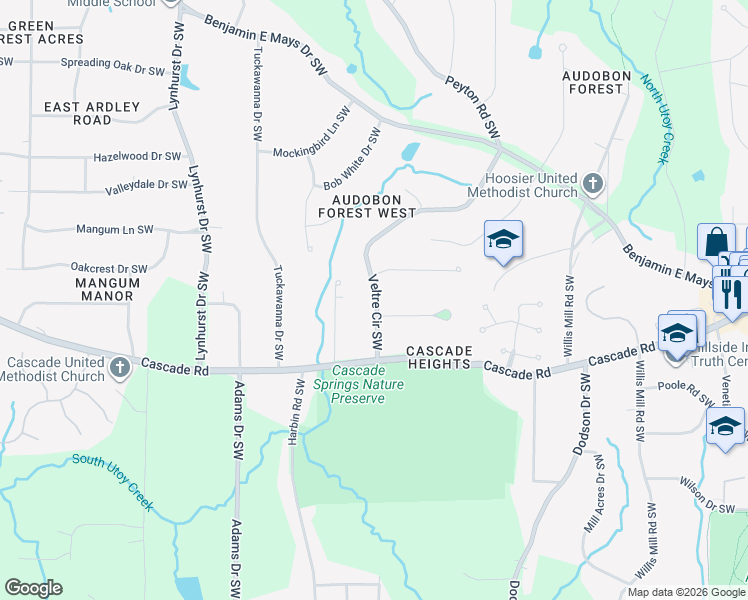 map of restaurants, bars, coffee shops, grocery stores, and more near 1209 Veltre Circle Southwest in Atlanta