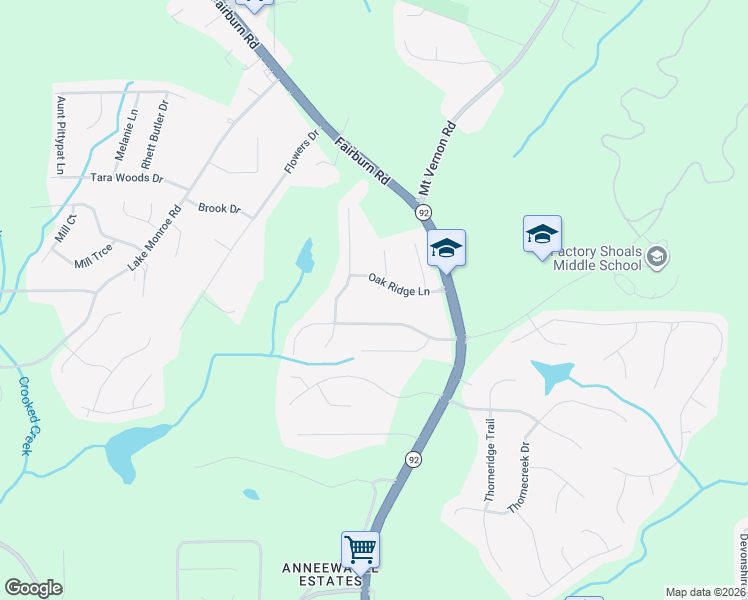 map of restaurants, bars, coffee shops, grocery stores, and more near 3044 Silver Hill Court in Douglasville