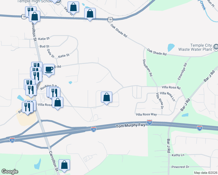 map of restaurants, bars, coffee shops, grocery stores, and more near 256 Hunt Club Circle in Temple