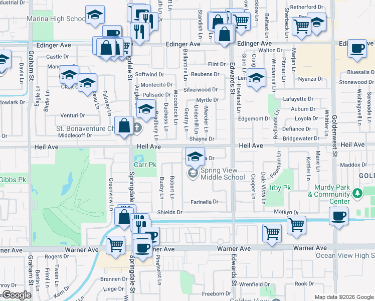 map of restaurants, bars, coffee shops, grocery stores, and more near 6222 Christy Drive in Huntington Beach