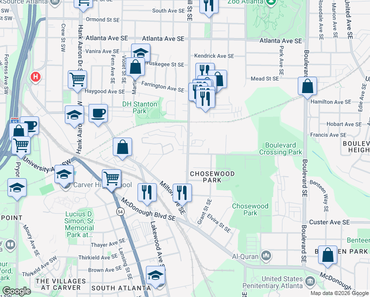 map of restaurants, bars, coffee shops, grocery stores, and more near 1155 Hill Street Southeast in Atlanta