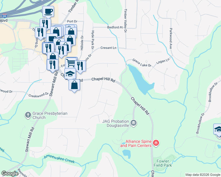 map of restaurants, bars, coffee shops, grocery stores, and more near 4640 Fox Hollow Court in Douglasville