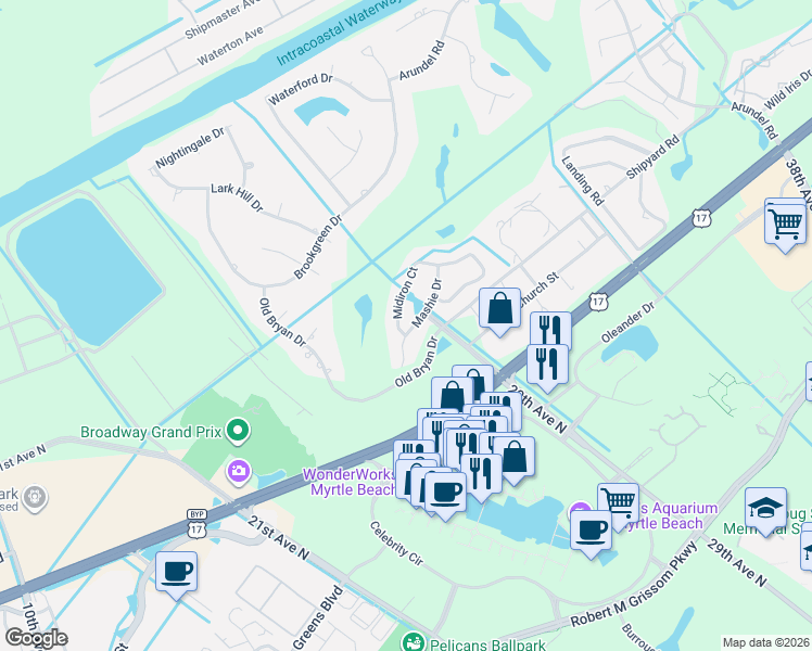 map of restaurants, bars, coffee shops, grocery stores, and more near 2971 Midiron Court in Myrtle Beach