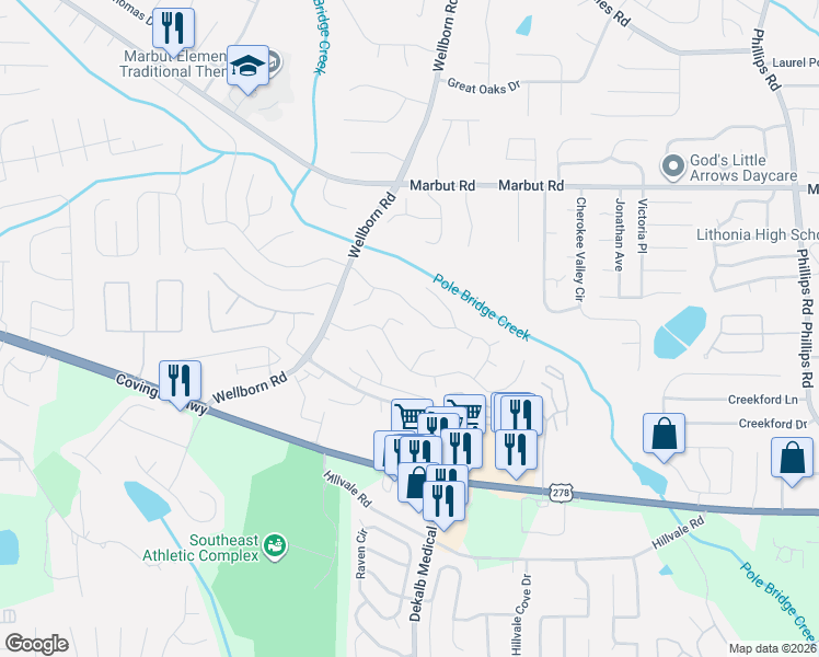 map of restaurants, bars, coffee shops, grocery stores, and more near 5937 Wellborn Trail in Lithonia