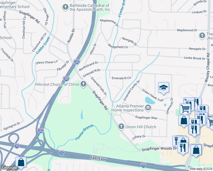 map of restaurants, bars, coffee shops, grocery stores, and more near 3895 Emerald Falls Court in Decatur