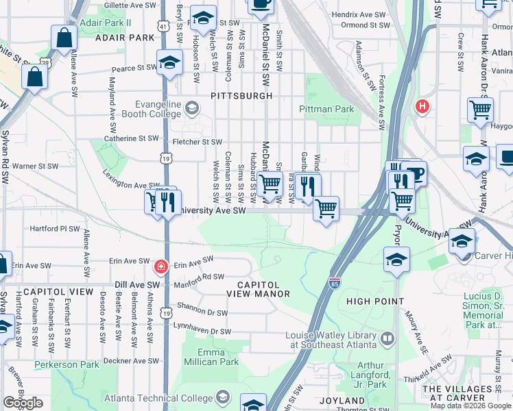 map of restaurants, bars, coffee shops, grocery stores, and more near 1192 Hubbard Street Southwest in Atlanta