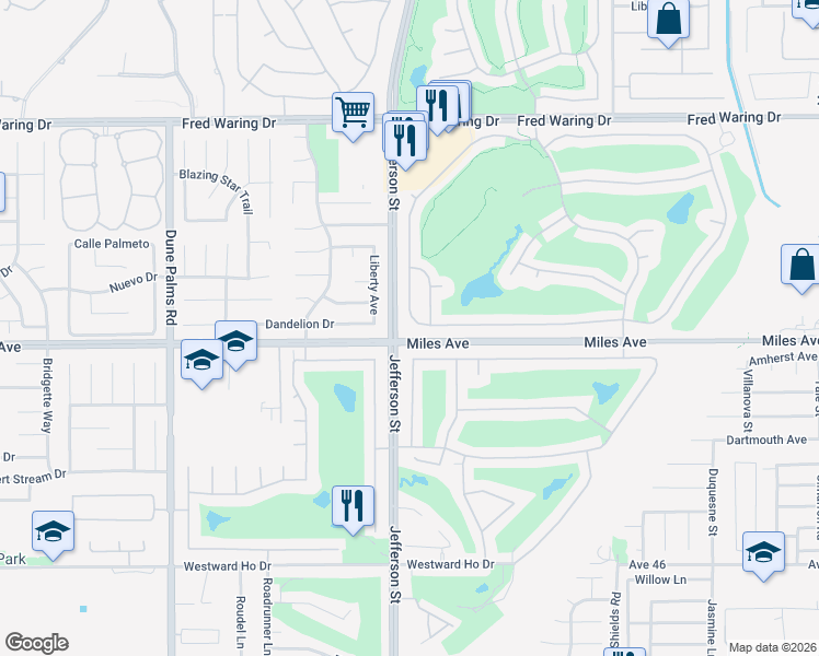 map of restaurants, bars, coffee shops, grocery stores, and more near 44129 Royal Troon Drive in Indio