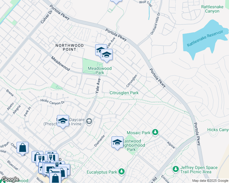 map of restaurants, bars, coffee shops, grocery stores, and more near 60 New Dawn in Irvine
